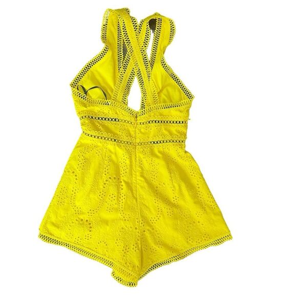 NBD Dreslin Yellow Eyelet Romper Halter Cutout NWT XS - Picture 6 of 8